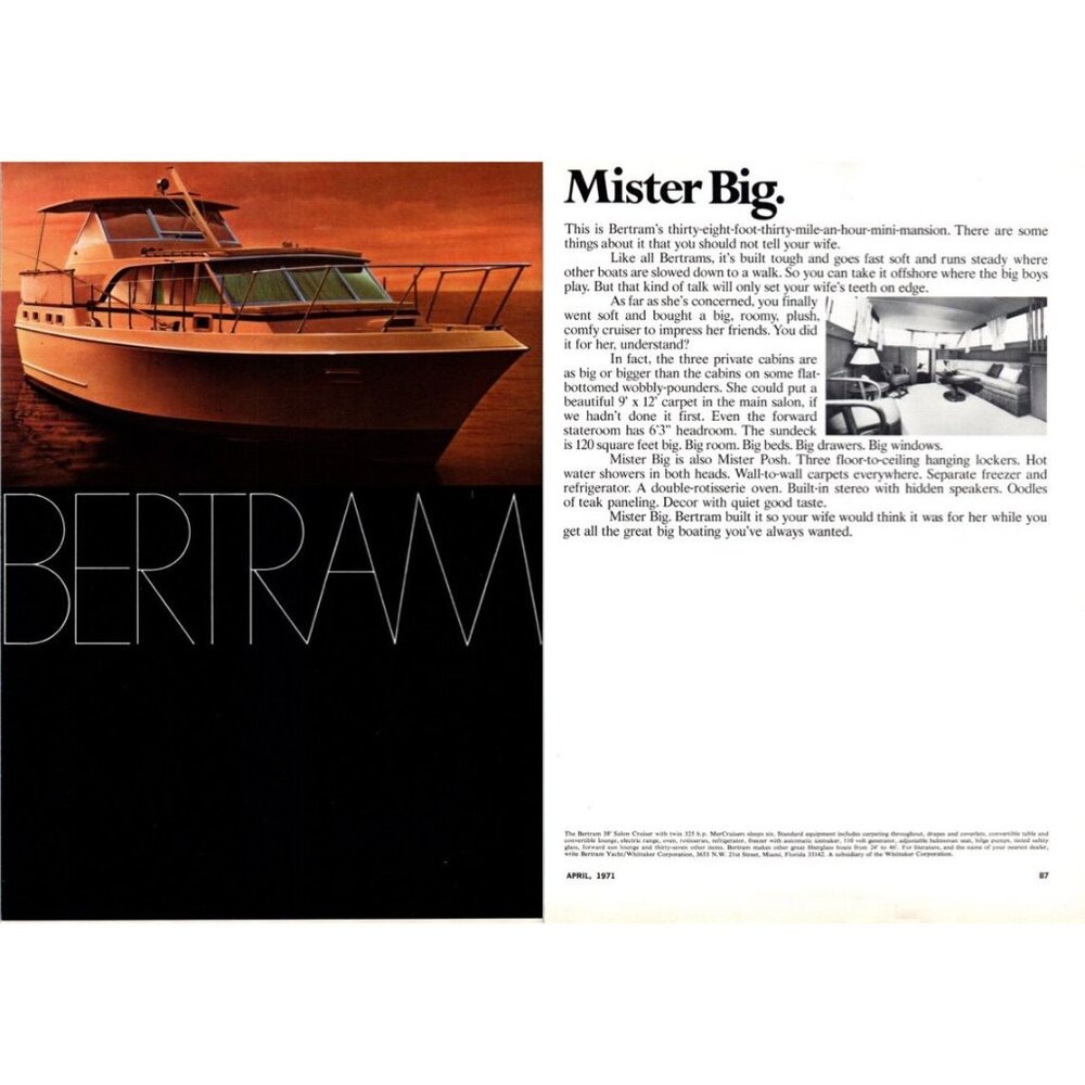 1971 Bertram 38 Mister Big Yacht 2pg Vintage Print Ad Sunset Nautical Wall Art